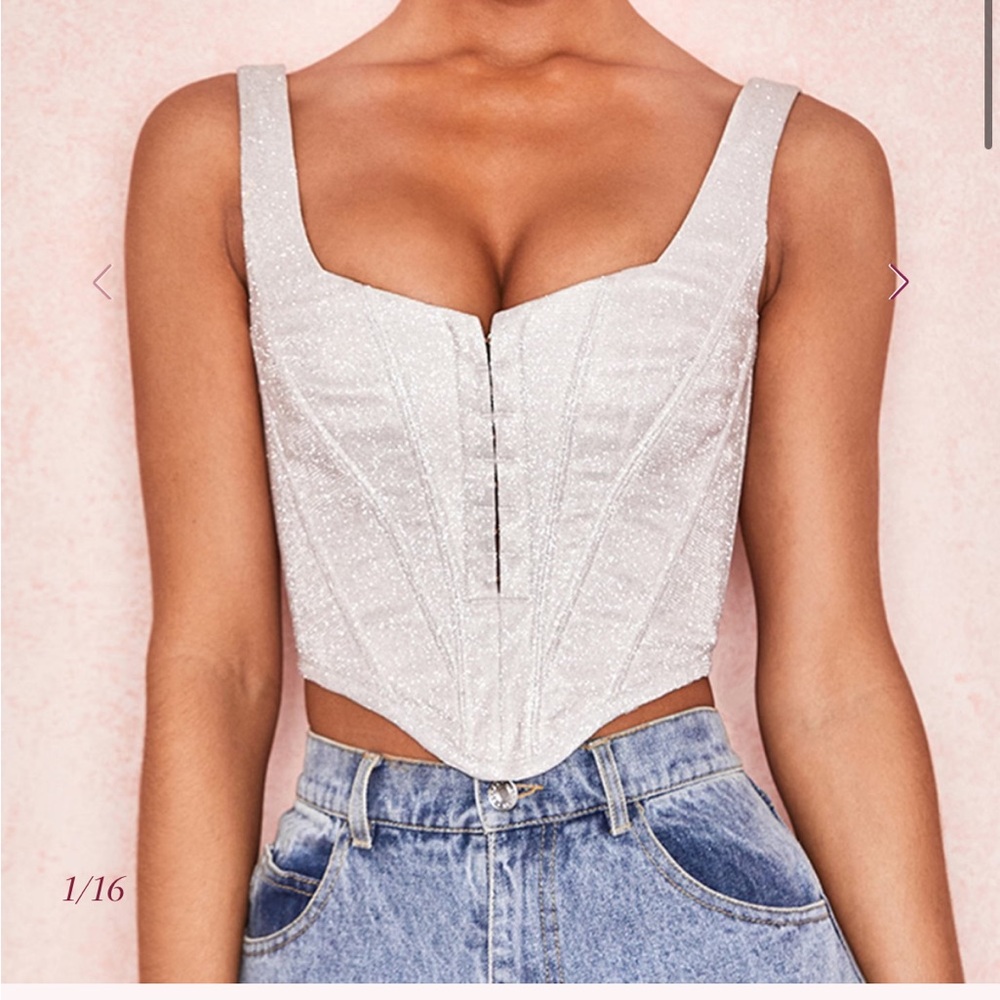 House of CB ELSA Size L Glitter White Crop Corset Top